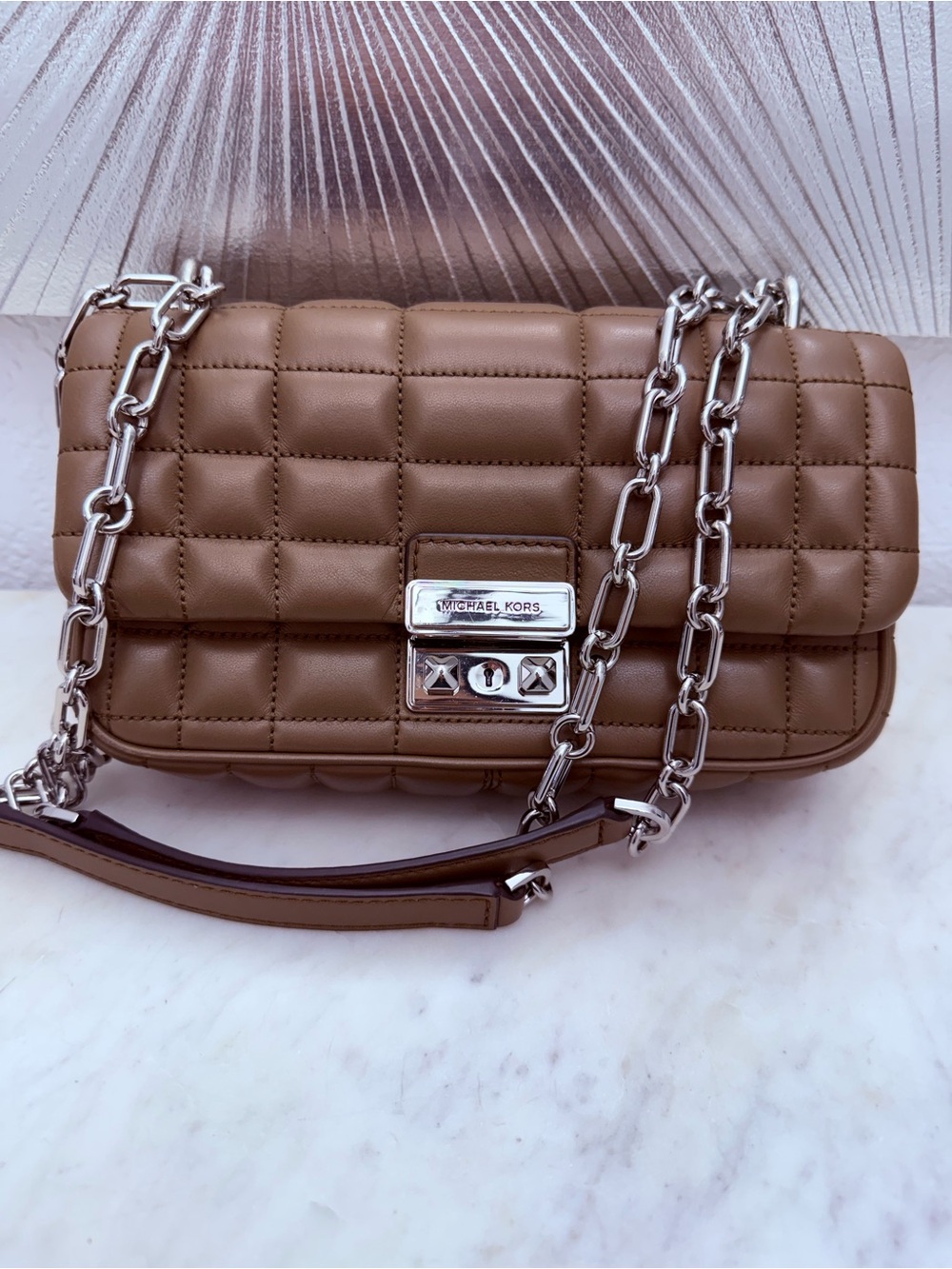 Michael Kors Quilted Shoulder Bag in Taupe Brown with Silver Hardware